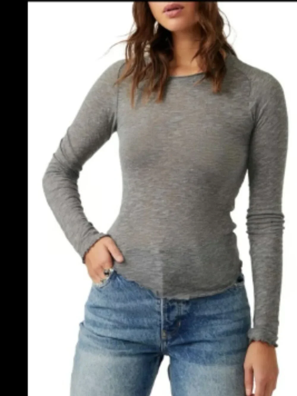 WE THE FREE PEOPLE BE MY BABY SCALLOPED LETTUCE EDGE LONG SLEEVE TOP TEE GRAY XL